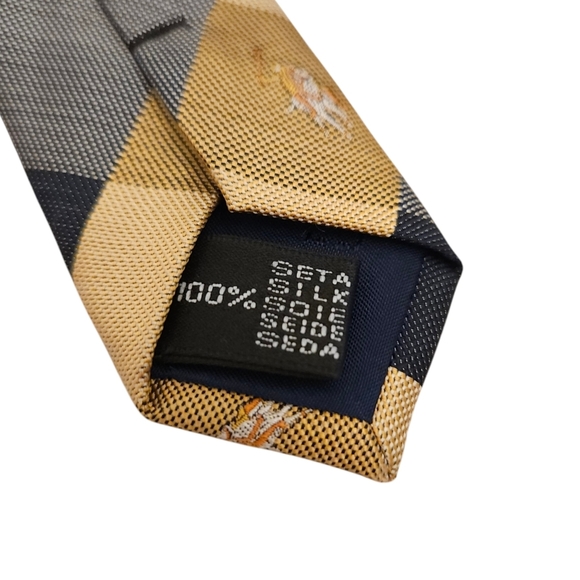 Valentino Chemises Tie Silk Gold Check Plaid Equestrian Classic Pointed Necktie - Picture 5 of 5